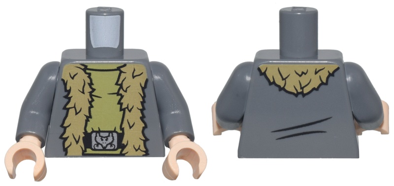 Torso Coat Open with Dark Tan Thick Fur Lining over Olive Green Tunic, Black Belt with Silver Durmstrang Buckle Pattern / Dark Bluish Gray Arms / Light Nougat Hands: {тъмно каменно сив}