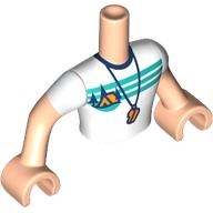 Torso Mini Doll Man White T-Shirt with Orange Tent, Dark Blue Trees, Dark Turquoise Sky and Ground and Whistle Pattern, Light Nougat Arms with Hands with White Short Sleeves: {светло нуга}