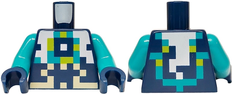 Torso Pixelated Dark Turquoise, Lime, Tan and White Armor Pattern / Dark Turquoise Arms / Dark Blue Hands: {земно син}