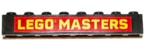 Brick 1 x 8 with Yellow 'LEGO MASTERS' on Red Background Pattern: {черен}