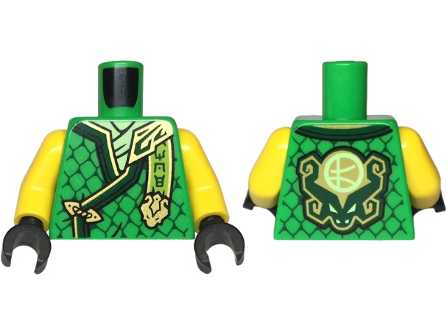 Torso Tunic with Dark Green Hems, Gold Trim, Yellowish Green Shirt, Ninjago Logogram 'MOE', Letter L on Back Pattern / Yellow Arms / Black Hands: {ярко зелен}