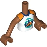 Torso Mini Doll Girl White Sleeveless Top with Orange Tent, Dark Blue Trees, Dark Turquoise Sky and Ground Pattern, Sienna Arms with Hands: {сиена кафяво}