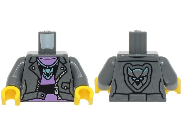 Torso Female Jacket Open, Medium Lavender and Black Striped Shirt, Metallic Light Blue Pendant Necklace Pattern (BAM) / Dark Bluish Gray Arms / Yellow Hands: {тъмно каменно сив}