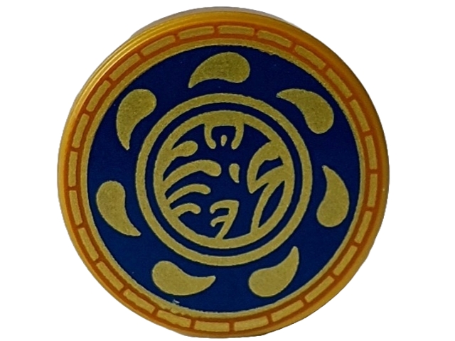 Tile, Round 2 x 2 with Bottom Stud Holder with Gold Ninjago Logogram 'T OF S' and Blades / Drops in Dark Blue Circle with Dark Orange Edge Pattern: {топло златист}