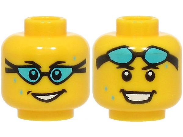 Minifigure, Head Dual Sided Black Eyebrows, Open Mouth Smile, Medium Azure Water Drops, Swim Goggles over Eyes / on Forehead Pattern (BAM): {ярко жълт}
