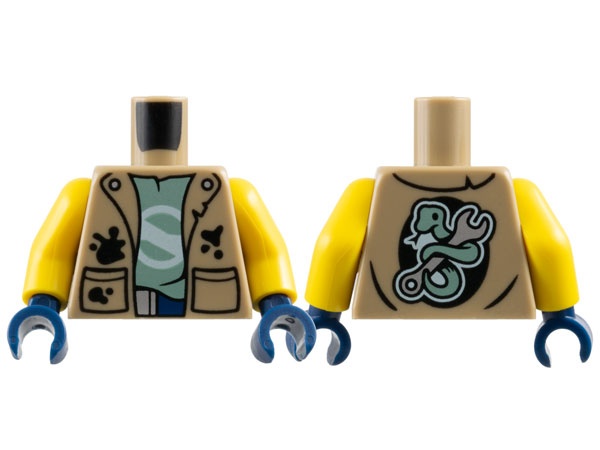 Torso Vest with Black Pockets and Splotches over Sand Green T-Shirt, Snake and Wrench on Back Pattern / Yellow Arms / Dark Blue Hands: {пясъчно жълт}