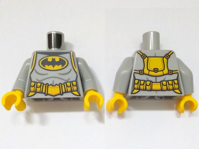Torso Female Black and Yellow Batman Logo, Utility Belt, Backpack, Dark Bluish Gray Contour Lines Pattern / Light Bluish Gray Arms / Yellow Hands: {умерено каменно сив}