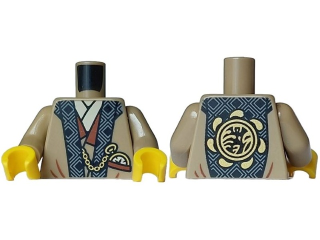 Torso Robe with Black and Light Bluish Gray Hems over Tan Shirt, Reddish Brown Pocket, Gold Watch, Black Circle with Ninjago Logogram 'T OF S' on Back Pattern / Dark Tan Arms / Yellow Hands: {пясъчно жълт}