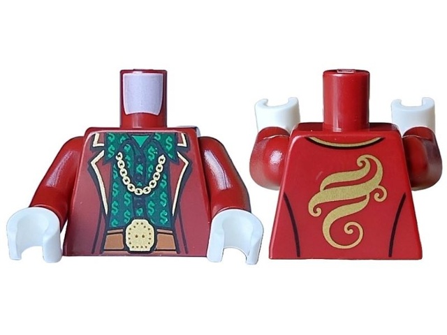 Torso Jacket Open over Dark Green Shirt with Buttons and Bright Green Dollar Signs, Dark Orange Belt with Gold Minifigure Head Buckle, Chain Necklace, Swirl Logo on Back Pattern / Dark Red Arms / White Hands: {нов тъмно червен}