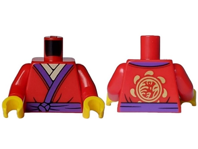 Torso Tunic with Dark Purple Hems and Belt, Black Trim, Tan Shirt, Gold Circle with Ninjago Logogram 'T OF S' on Back Pattern / Red Arms / Yellow Hands: {ярко червен}