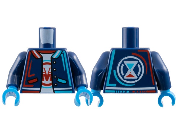 Torso Jacket with Dark Azure and Red Trim and Pockets over White Shirt with 'M', Hourglass on Back Pattern / Dark Blue Arms / Dark Azure Hands: {земно син}