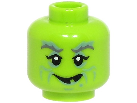 Minifigure, Head Dark Bluish Gray Eyebrows, Sand Blue Eye Shadow and Wrinkles, Crooked Open Mouth Smile with Tooth Gap Pattern (BAM): {ярко жълто-зелен}