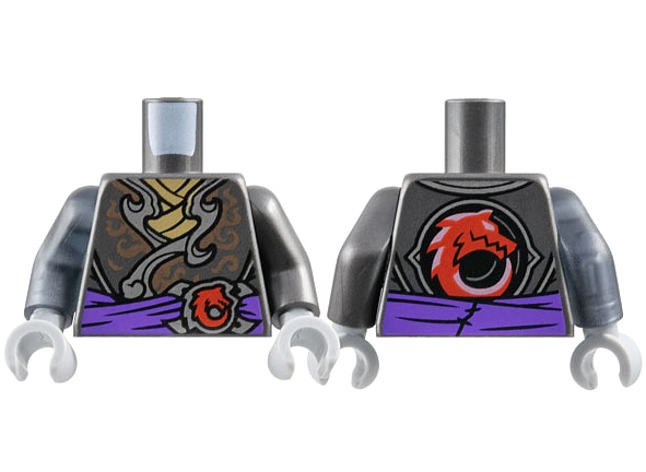 Torso Dark Silver and Copper Tunic, Dark Tan Shirt, Dark Purple Sash, Red Wolf Pattern / Pearl Dark Gray Arm Left / Trans-Black Arm Right / Light Bluish Gray Hands: {титаниево метален}