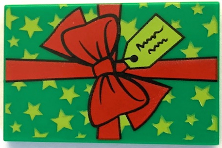 Tile 2 x 3 with Present / Gift with Red Ribbon with Bow, Lime Tag and Stars Pattern (BAM): {тъмно зелен}