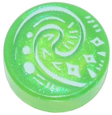Tile, Round 1 x 1 with White and Bright Green Koru Spiral Symbol, Diamonds and Lines Pattern (Moana Heart of Te Fiti): {прозрачен зелен опал}