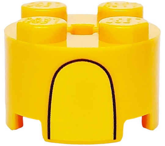 Brick, Round 2 x 2 with Axle Hole with Yellow Stripe and Curved Black Line Pattern: {огнено жълто-оранжев}