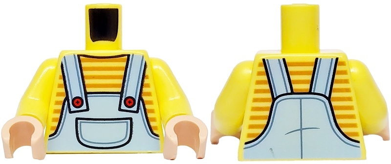 Torso Bright Light Blue Overalls with Pocket and Red Buttons over Shirt with Medium Nougat Stripes Pattern / Bright Light Yellow Arms / Light Nougat Hands: {студено жълт}