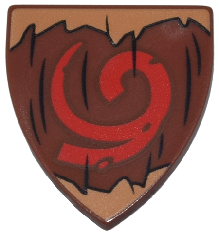 Minifigure, Shield Triangular Short with Black Wood Grain, Medium Nougat Jagged Edges and Red Spiral Pattern (The Legend of Zelda Deku Shield): {червеникаво-кафяв}