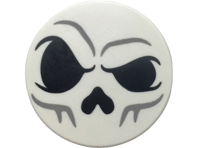 Tile, Round 3 x 3 with Skull with Black Eyes and Nose and Light Bluish Gray Contours Pattern (The Legend of Zelda Skulltula Face): {бял}