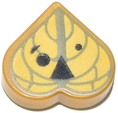 Tile, Round 1 x 1 Heart with Yellow and Olive Green Leaf with Black Eyes and Nose Pattern (The Legend of Zelda Korok Walton Face): {топло златист}