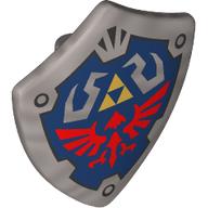 Minifigure, Shield Quadrilateral with Dark Blue Background, Gold Triforce Triangles and Red Loftwing Pattern (The Legend of Zelda Hylian Shield): {сребърно метален}
