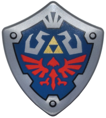 Minifigure, Shield Quadrilateral with Dark Blue Background, Gold Triforce Triangles and Red Loftwing Pattern (The Legend of Zelda Hylian Shield): {сребърно метален}