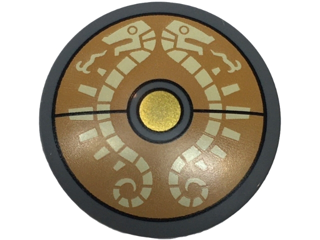 Minifigure, Shield Circular / Round Convex Face with Tan Skeletal Serpents on Medium Nougat Background, Gold Center Pattern (The Legend of Zelda Traveler's Shield): {тъмно каменно сив}