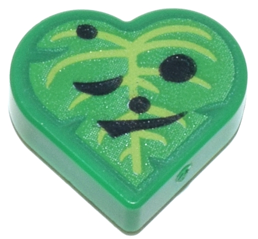 Tile, Round 1 x 1 Heart with Bright Green and Lime Leaf with Black Eyes, Nose and Mouth Pattern (The Legend of Zelda Korok Oakin Face): {тъмно зелен}