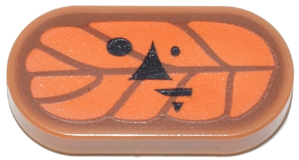 Tile, Round 1 x 2 Oval with Orange and Dark Orange Leaf with Black Eyes, Nose and Mouth Pattern (The Legend of Zelda Korok Hollo Face): {умерен нуга}