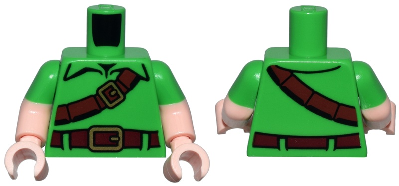 Torso Tunic, Reddish Brown Strap and Dark Red Belt with Gold Buckles Pattern / Light Nougat Arms with Molded Bright Green Short Sleeves Pattern / Light Nougat Hands: {ярко зелен}