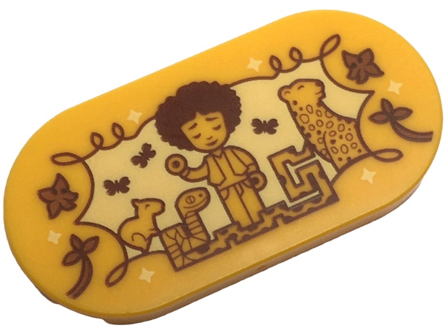 Tile, Round 2 x 4 Oval with Encanto Antonio Micro Doll, Jaguar, Capybara, Snake and Butterflies on Bright Light Yellow Ornate Background Pattern: {огнено жълто-оранжев}