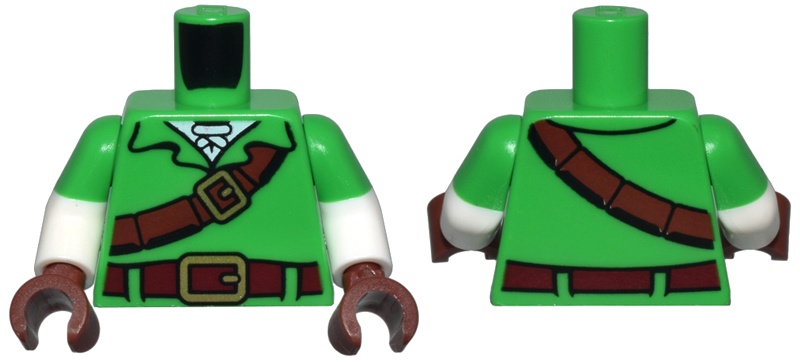 Torso Tunic, Reddish Brown Strap and Dark Red Belt with Gold Buckles, White Shirt Pattern / White Arms with Molded Bright Green Short Sleeves Pattern / Reddish Brown Hands: {ярко зелен}