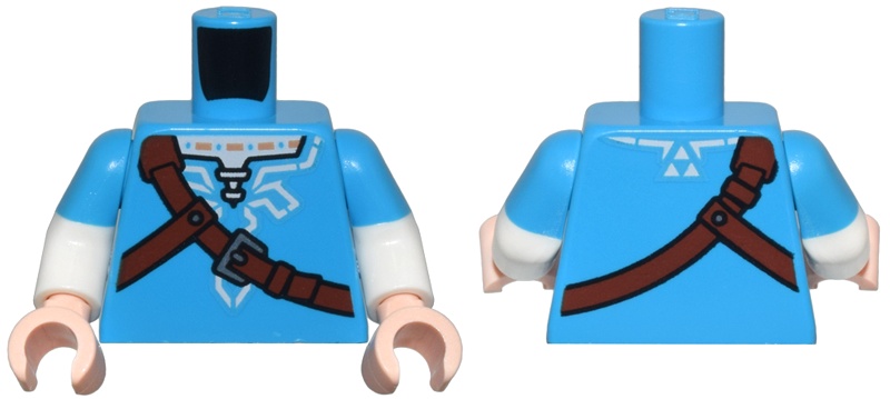 Torso Tunic, White Trim and Shirt, Reddish Brown Strap with Silver Buckle Pattern / White Arms with Molded Dark Azure Short Sleeves Pattern / Light Nougat Hands: {тъмно небесносин}