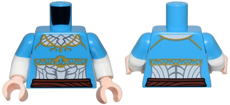 Torso Female Top with Gold Trim, White Tunic with Silver Embroidery, Reddish Brown Belt Pattern / White Arms with Molded Dark Azure Short Sleeves Pattern / Light Nougat Hands: {тъмно небесносин}
