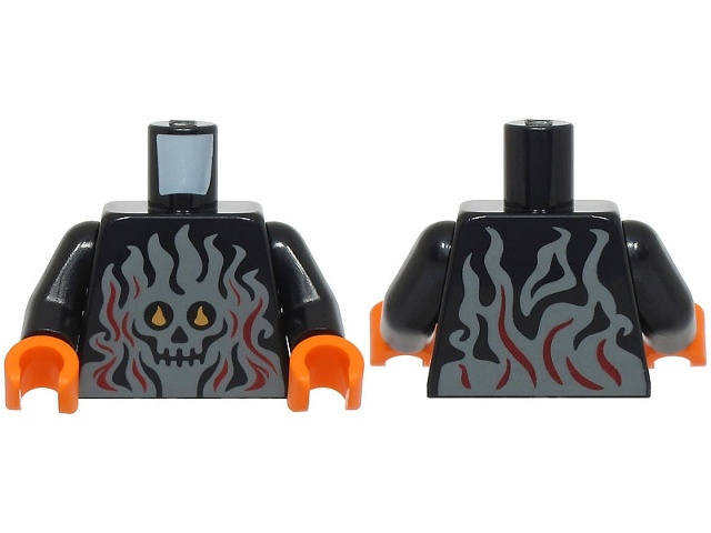 Torso with Dark Bluish Gray Flames with Dark Red Highlights and Skull with Bright Light Orange Eyes Pattern (BAM) / Black Arms / Orange Hands: {черен}