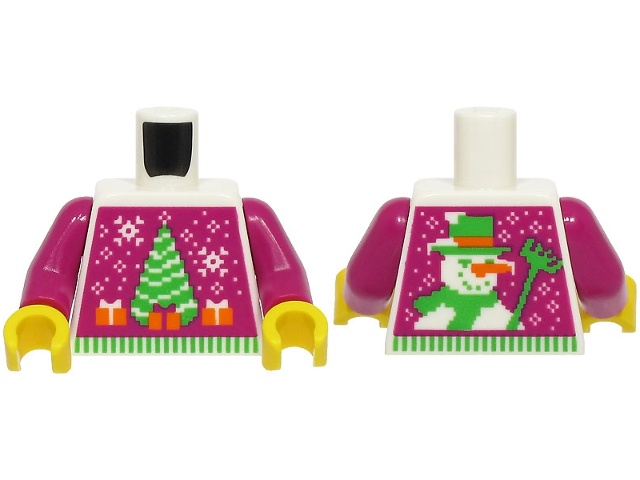 Torso Magenta Knit Fair Isle Holiday Sweater with Bright Green Christmas Tree, Orange Presents, Snowman on Back Pattern (BAM) / Magenta Arms / Yellow Hands: {бял}