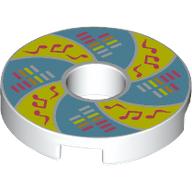 Tile, Round 2 x 2 with Hole with Bright Light Yellow and Medium Blue Rotating Panels, Coral  and Reddish Orange Equalizer Bars and Musical Notes Pattern: {бял}
