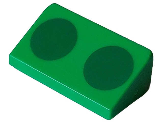 Slope 30 1 x 2 x 2/3 with 2 Green Circles Pattern (Super Mario Para-Biddybud Spots): {ярко зелен}