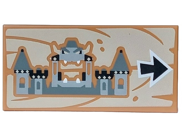 Tile 2 x 4 with Black, Dark Bluish Gray, Light Bluish Gray and White Bowser Castle and Arrow on Tan Wood Grain Background Pattern: {умерен нуга}