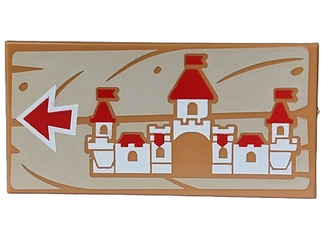 Tile 2 x 4 with Red and White Peach Castle and Arrow on Tan Wood Grain Background Pattern: {умерен нуга}