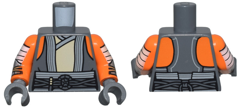 Torso SW Vest Open with Light Bluish Gray Trim over Tan Tunic, Belt with Cords and Ring, Orange Shoulders Pattern / Orange Arms with White Wrappings and Silver Bracers Pattern / Dark Bluish Gray Hands: {тъмно каменно сив}
