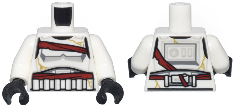 Torso SW Armor Stormtrooper, Simplified Armor with Shoulder Belts, Dark Red Straps, and Gold Cracks Pattern / White Arms / Black Hands: {бял}