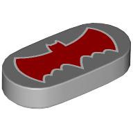 Tile, Round 1 x 2 Oval with Red Bat Batman Logo Pattern: {умерено каменно сив}