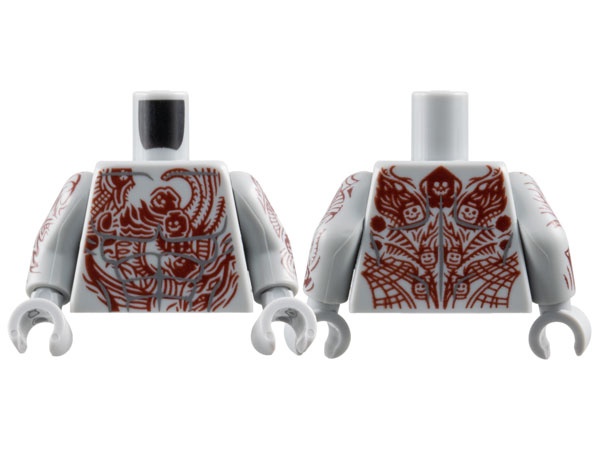 Torso with Dark Bluish Gray Muscles Outline, Dark Red Tattoos with Skeleton Heads Pattern / Light Bluish Gray Arms with Dark Red Tattoo Sleeves with Skeleton Heads Pattern / Light Bluish Gray Hands: {умерено каменно сив}