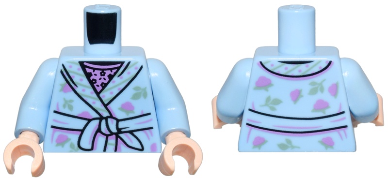 Torso Dressing Gown with Medium Lavender Dots and Sand Green Leaves and Stripes over Top with Black Flowers Pattern / Bright Light Blue Arms / Light Nougat Hands: {светло кралско син}