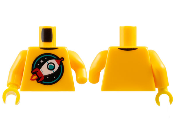 Torso Red and White Retro Space Rocket in Black and Dark Turquoise Circle with Stars Pattern / Bright Light Orange Arm Left with Congenital Defect, without Hand Hole / Bright Light Orange Arm Right / Yellow Hand Right: {огнено жълто-оранжев}