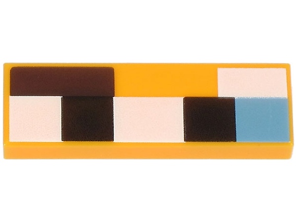 Tile 1 x 3 with White, Black, Medium Blue and Dark Brown Squares and Rectangles Pattern (Minecraft Baby Cat Upper Face): {огнено жълто-оранжев}