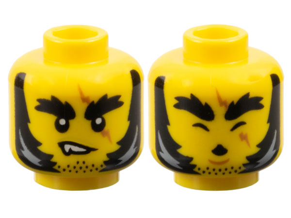 Minifigure, Head Dual Sided Black Bushy Thick Eyebrows, Stubble and Mutton Chops with Light Bluish Gray Highlights, Medium Nougat Zig Zag Scar, Lopsided Grin with Fang / Howling with Closed Eyes and Chin Dimple Pattern: {ярко жълт}