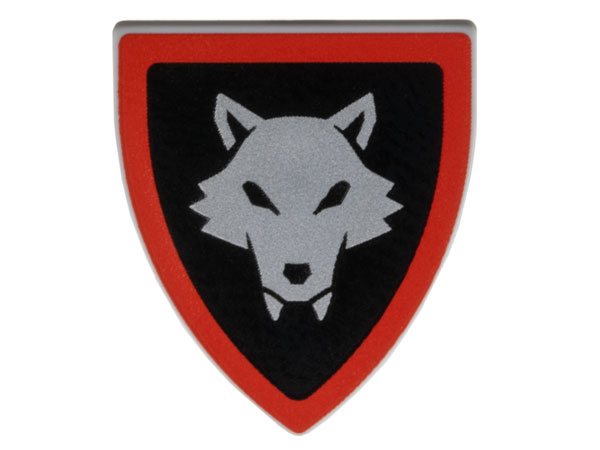 Minifigure, Shield Triangular Short with Silver Wolfpack Almond Eyes, Red Border around Black Background Pattern: {умерено каменно сив}