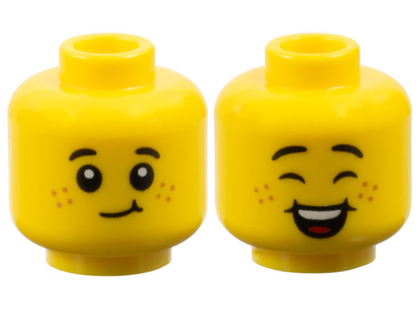 Minifigure, Head Dual Sided Child Black Small Eyebrows, Medium Nougat Freckles, Lopsided Grin with Dimple / Closed Eyes and Open Mouth Smile with Dimples, Top Teeth and Red Tongue Pattern: {ярко жълт}